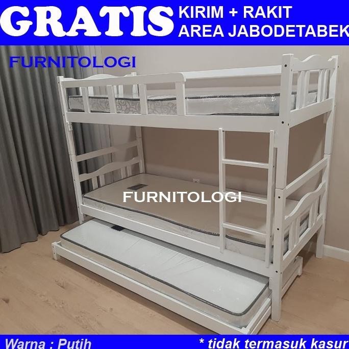 Tempat Tidur Tingkat 100X200 Sorongan Kayu Ranjang 3 Tingkat Putih Dipan Susun Kayu Highquality