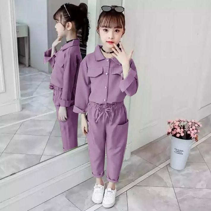 Baju Setelan Kemeja Yosi Anak Perempuan Umur 3 4 5 6 7 8 9 10 tahun Polos Lengan Celana Panjang Mode