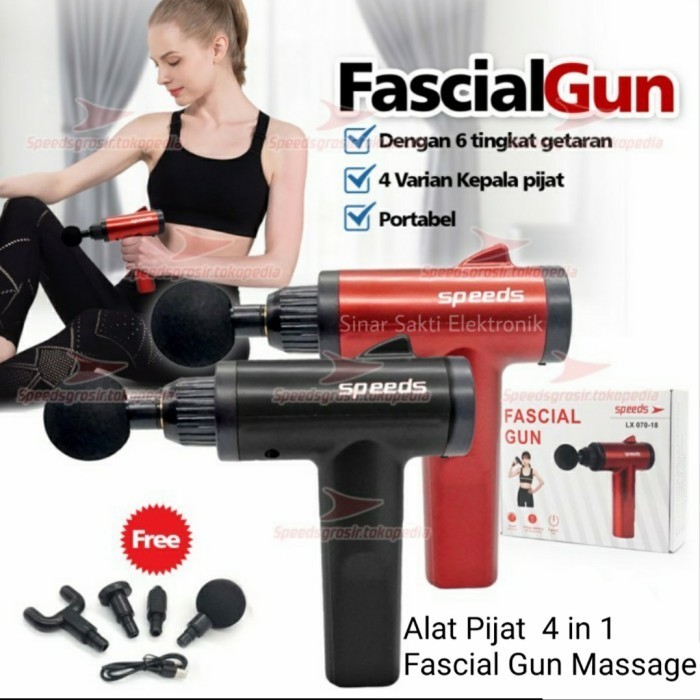 +++++] Fascial Gun Massage Alat Pijat Elektrik 4 in 1 Getar Otot Punggung Cas
