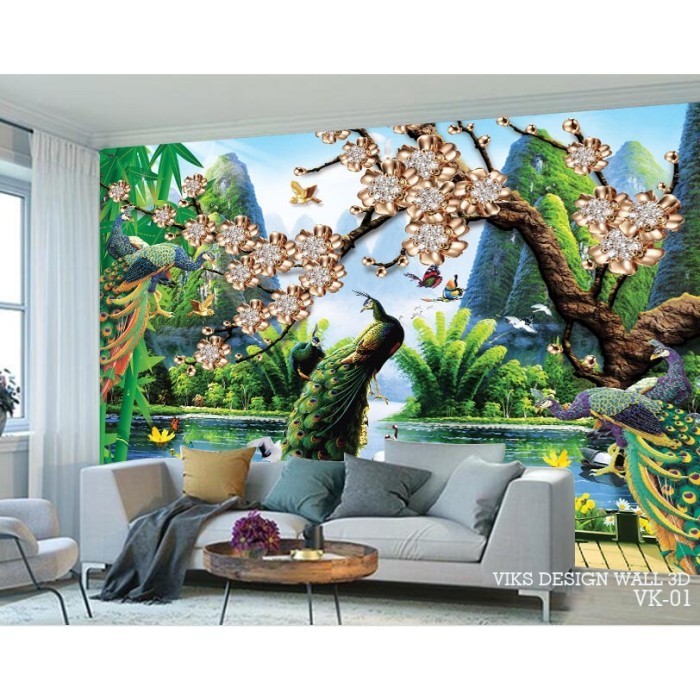 CETAK Wallpaper Dinding 3d, Stiker Dinding Ruang Tamu 3d Gambar Merak