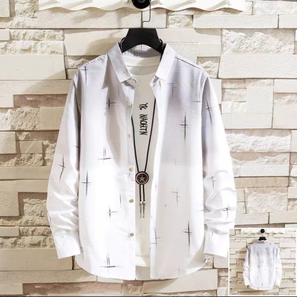 Kemeja Gradien Pria, Kemeja Lengan Panjang Gaya Korea Tampan, Fashion