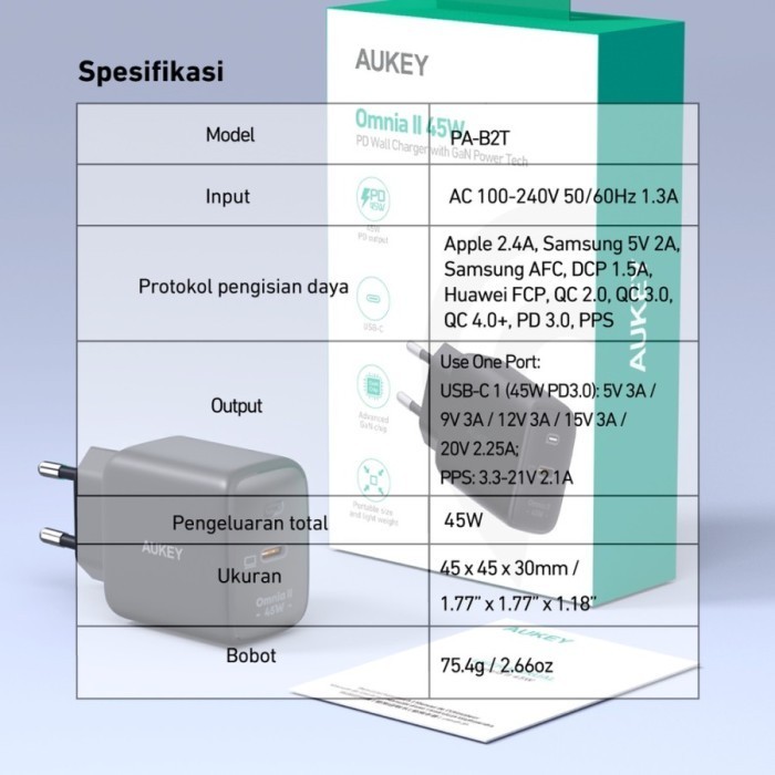 Aukey Charger Pa-B2T Gan Tech Usb Type-C Pd 3.0 Fast Charging 45W