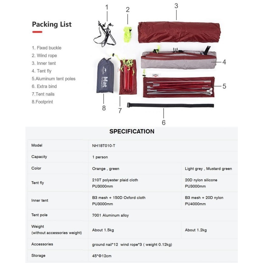 Tenda Cloud Up 1 210T / 20D Naturehike Nh18T010-T 1P Camping Upgrade