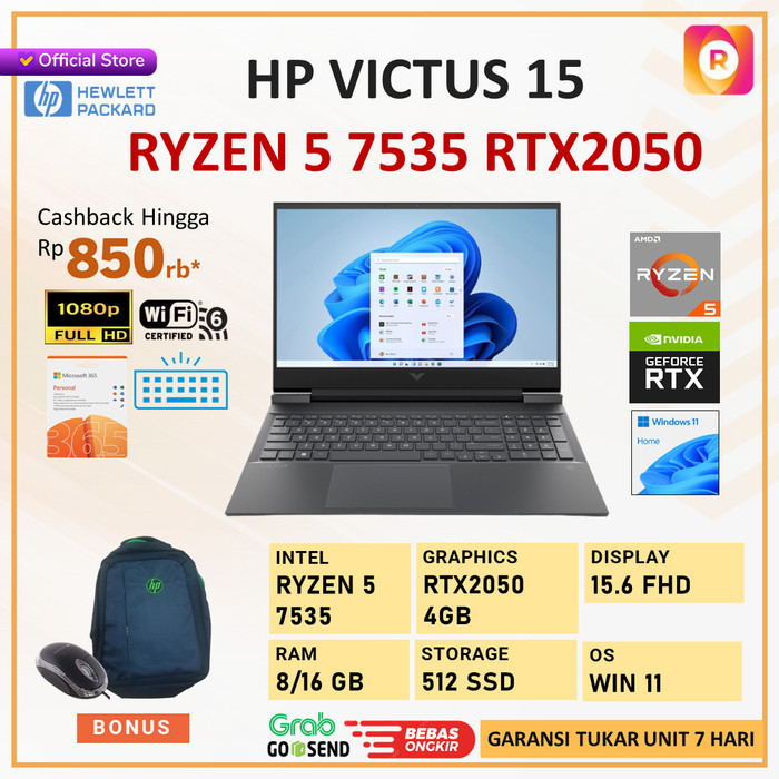 Hp Victus 15 Ryzen 5 7535 Rtx2050 - 16Gb 512Gb Ssd W11 15.6" Fhd