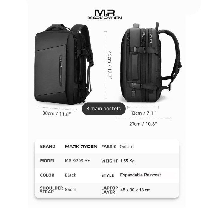 Mark Ryden Mr9299Yy Backpack Bag Usb - Tas Ransel Laptop 17" - Black