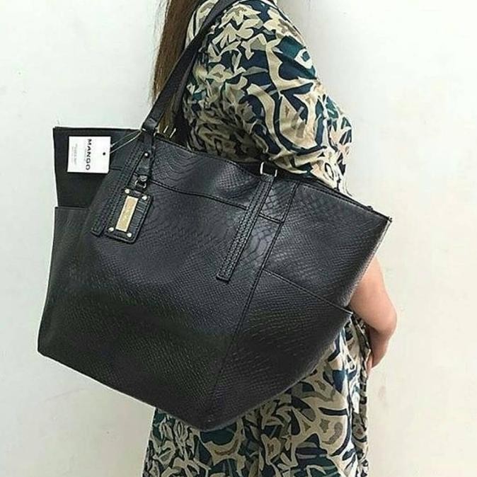 Mango Croco Black Rfbm090-Tas Mango Ori-Totebag Import-Tas Branded