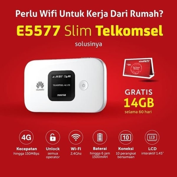 Huawei E5577 Slim Mifi 4G Unlock Bundling Telkomsel 14Gb