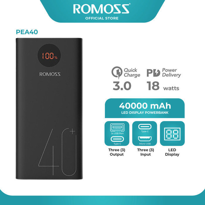 Romoss Pea40 40000Mah Powerbank Pd18W Qc 3.0 Fast Charging Termurah Terlaris Promo