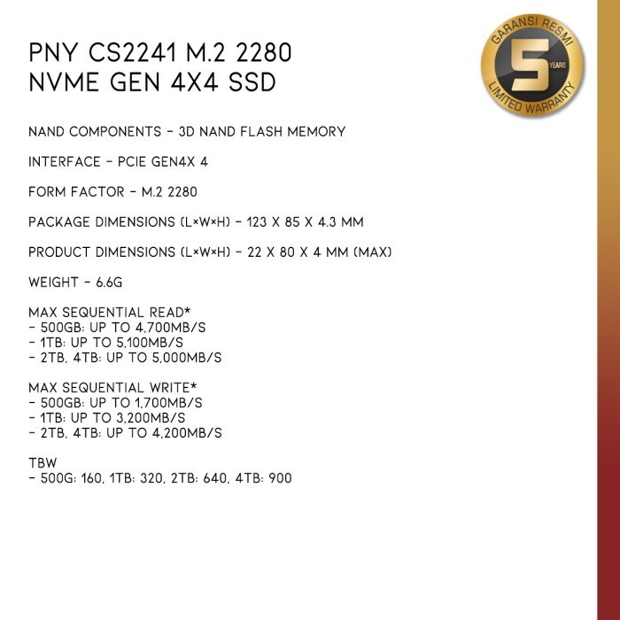 Pny Cs2241 M.2 Nvme Ssd Ssd M.2 Nvme Gen 4 X4 Termurah Terlaris Promo