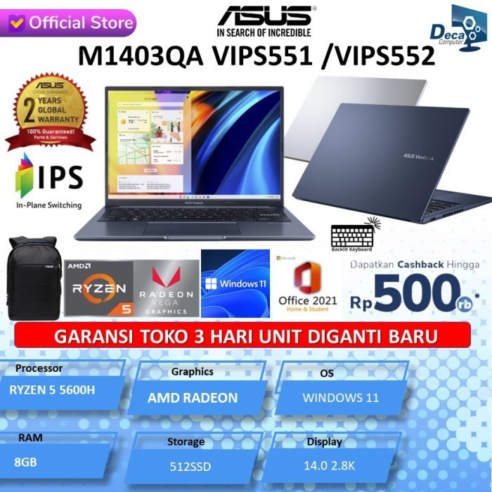 Asus Vivobook 14X M1403Qa Ryzen 5 5600H 8Gb 512Ssd Vega7 Ohs Wuxga Ips