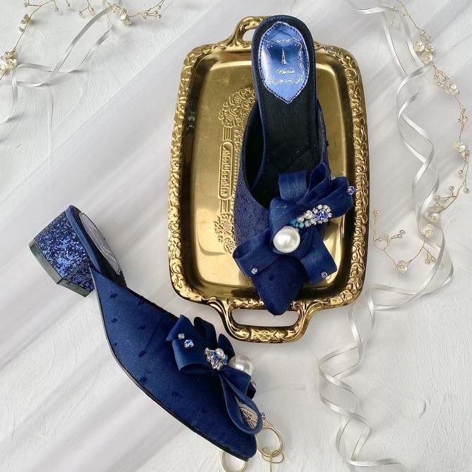 Navy Selop Sandal Sepatu Pesta Wanita Block Heels 4.5Cm Aveda