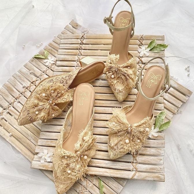 Gold Selop Sandal Sepatu Pesta Wanita Block Heels Aveda 6470