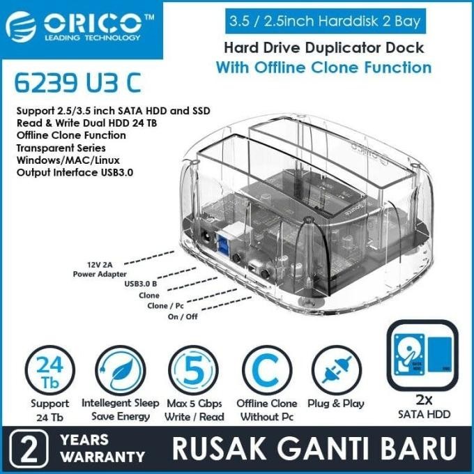 Orico Ssd/Hdd Docking Dual Bay Clone Transparent - 6239U3-C