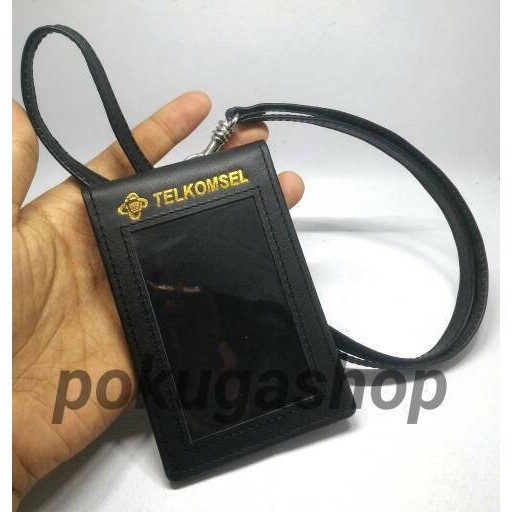 

BARANG TERLARIS nametag kulit logo telkomsel gold plus tali asli kulit / idcard holder