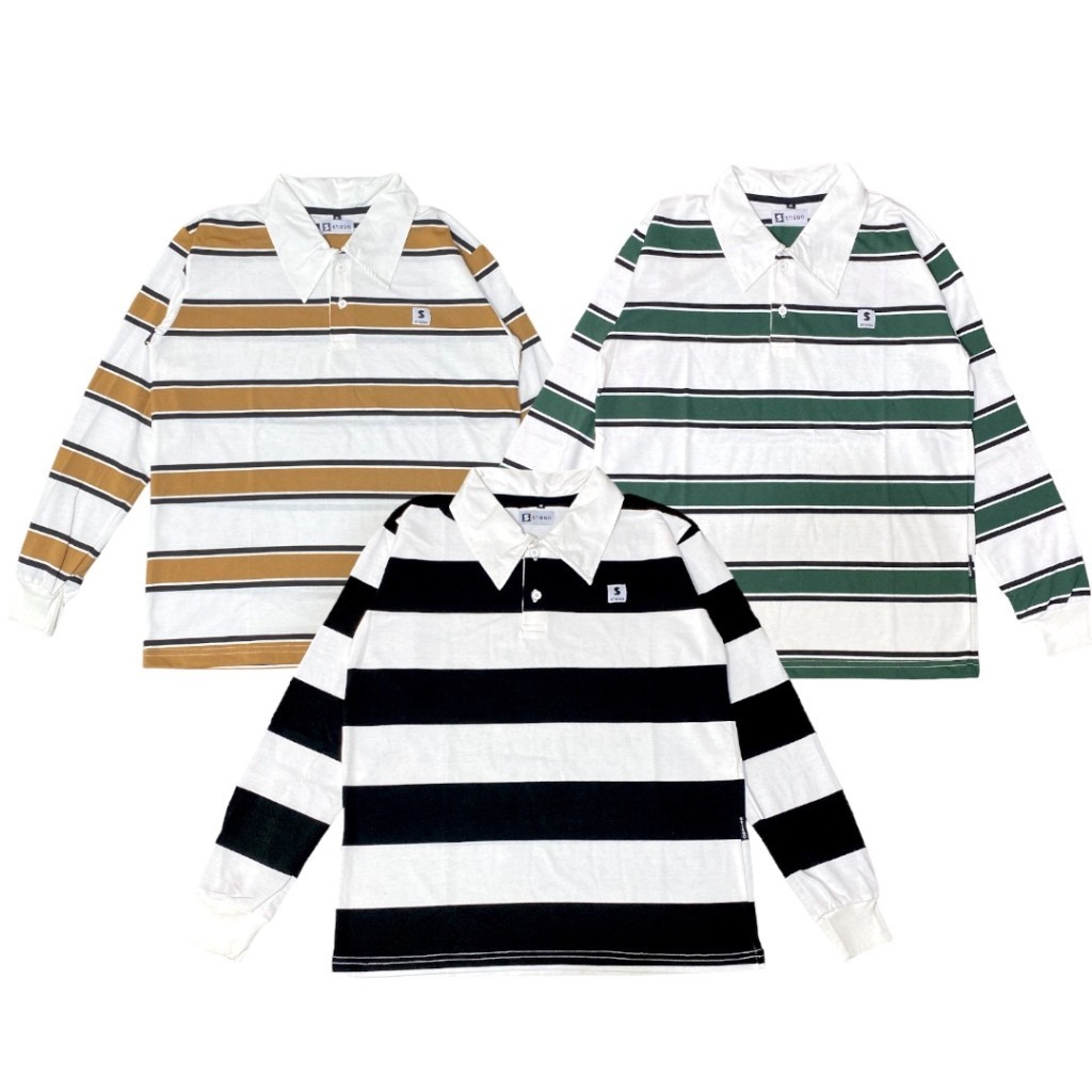 Stiego Rugby Tshirt Polo Kaos Kerah Pria Wanita Lengan Panjang Salur Stripe Cotton Combed 24S