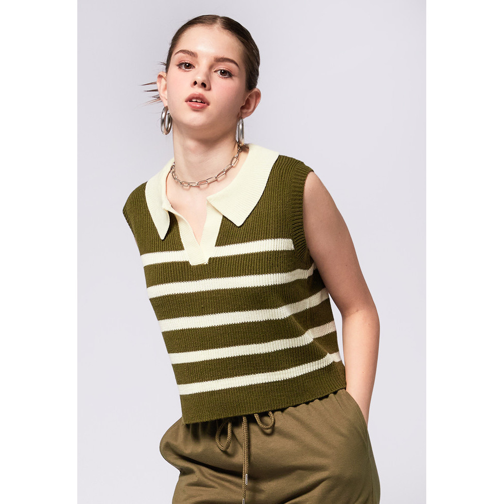 COLORBOX Stripe Knit Polo Vest Olive