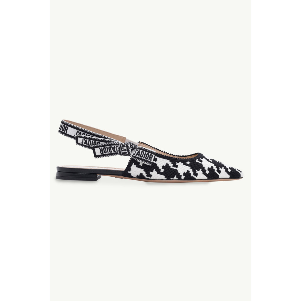 CHRISTIAN DIOR J'adior Macro Hound Tooth Cotton Embroidery Slingback Ballerina in Black/White