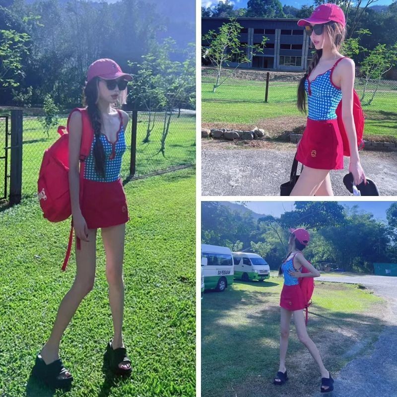 Setelan Rok Suspender Kotak-kotak Biru Seksi Gaya Korea
