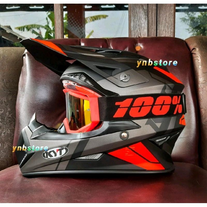 Helm KYT Jumpshot 3 Matt Black Red Doff Original + Kacamata Goggle Google 100% Persen | Helm Cross K
