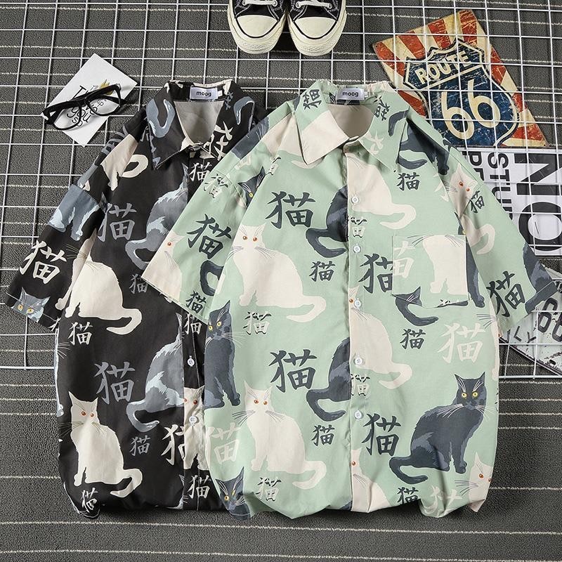 Kemeja Lengan Pendek Motif Kucing Penuh Harajuku Jepang Baru Musim Panas Pria Kemeja Kasual Lengan S