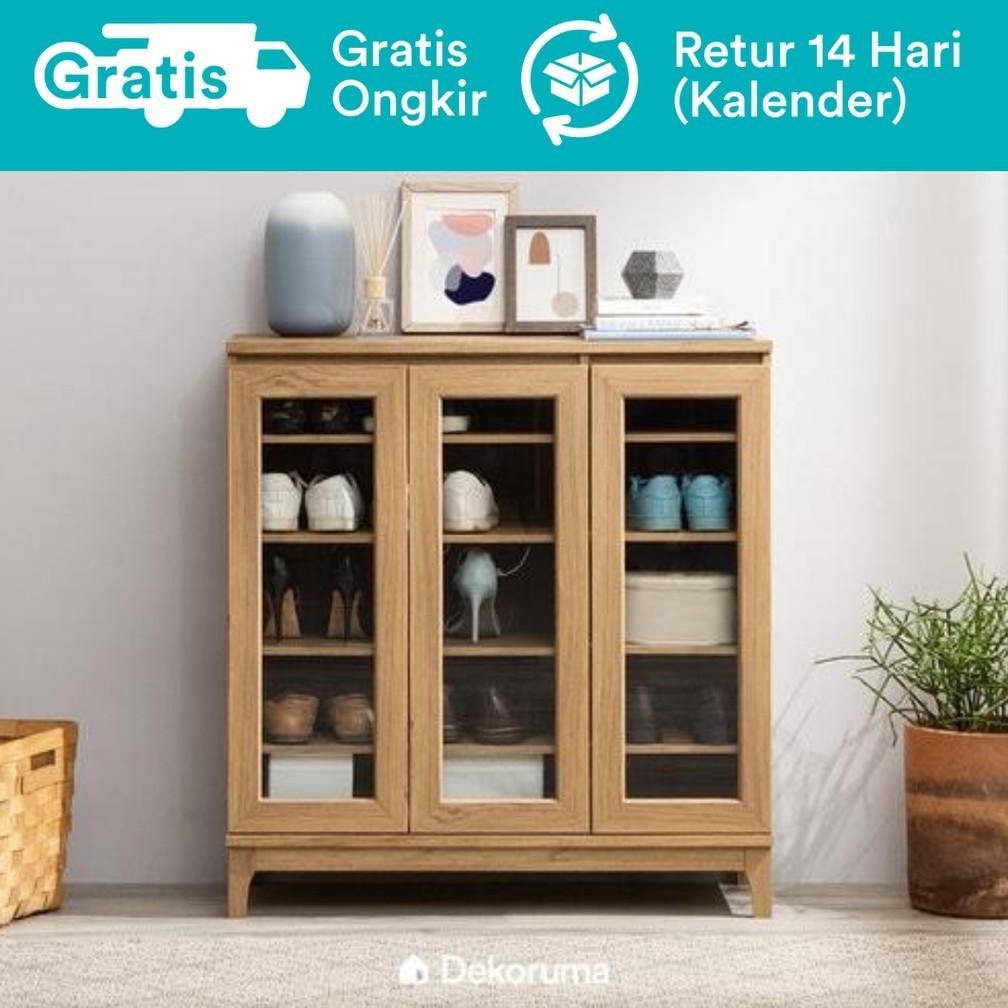 Nara Lemari Sepatu Kayu Olahan Rak 5 Susun Minimalis Shoe Cabinet 3 Pintu Kaca