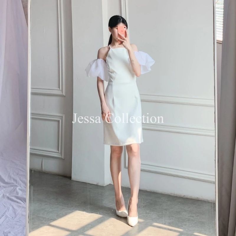 Dress scuba organza emmeli warna putih