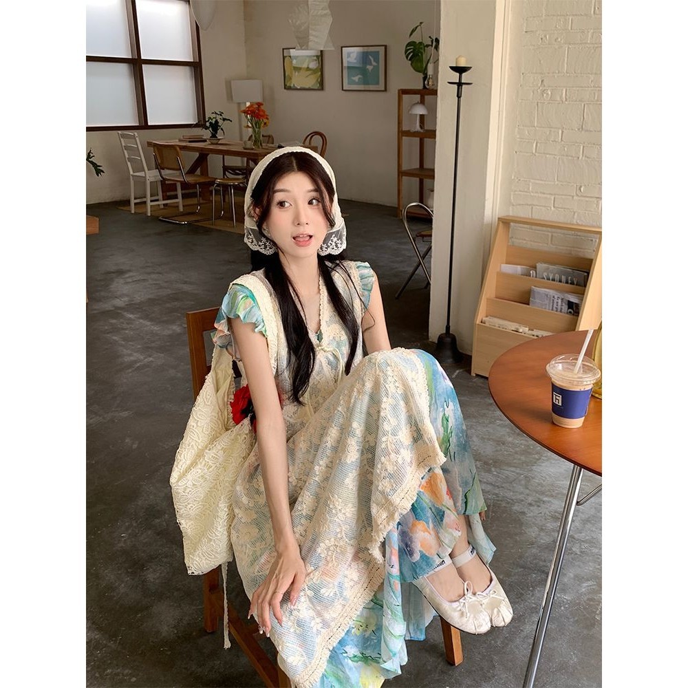 Lukisan Minyak Wanita Blus Renda Rajutan Rok Rompi Dua Potong Set