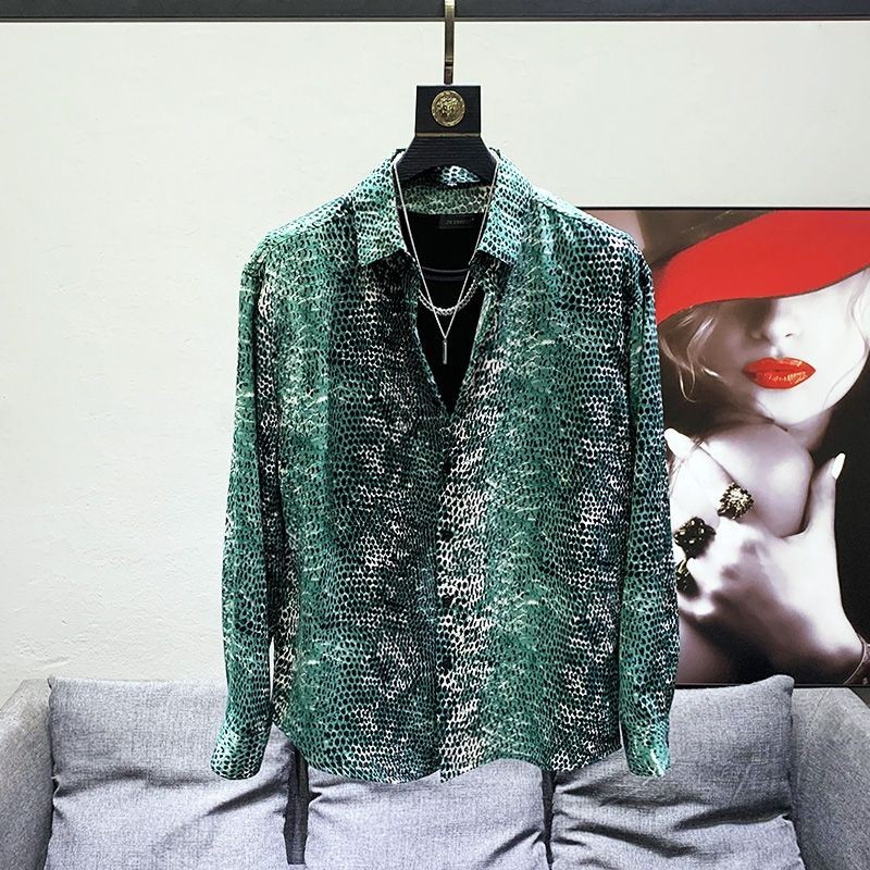 Atasan Lengan Panjang Ramping untuk Pria, Kemeja Bunga Menggantung Pribadi Gaya Korea Musim Semi dan