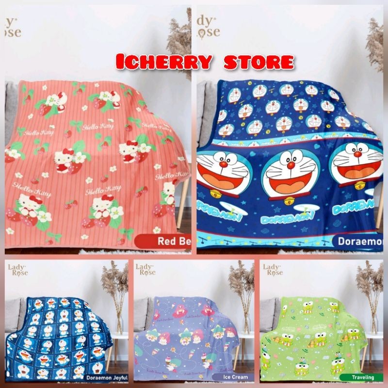 Selimut Bulu Halus Lady Rose 3D 160x200 Motif Doraemon Joyful Happy Feel, Hello Kitty Strawberry, Ke