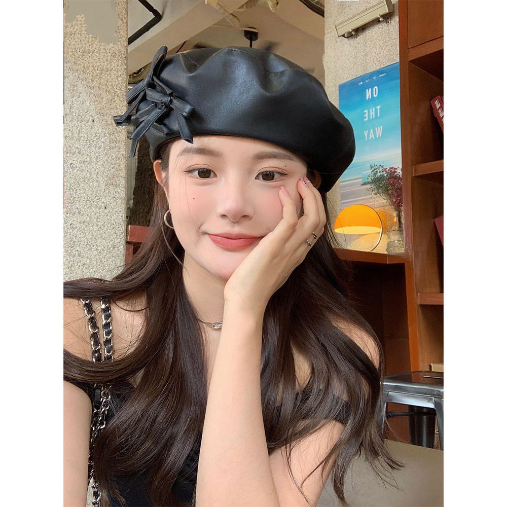 【COD】Baret Pita Hitam Ceruk Retro Kulit Wanita Topi Oktagonal Kecil Terlihat Wajah Baret Pelukis