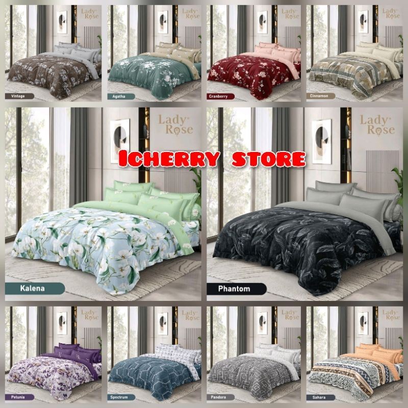 5in1 Full Set Bedcover + Sprei Lady Rose 3D Rumbai Flat Extra King Queen 200x200 180x200 160x200 Mot