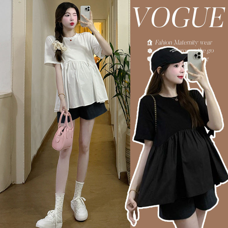 Setelan Dua Potong Wanita Hamil, Setelan Atasan Modis Modis Ukuran Besar Celana Pendek