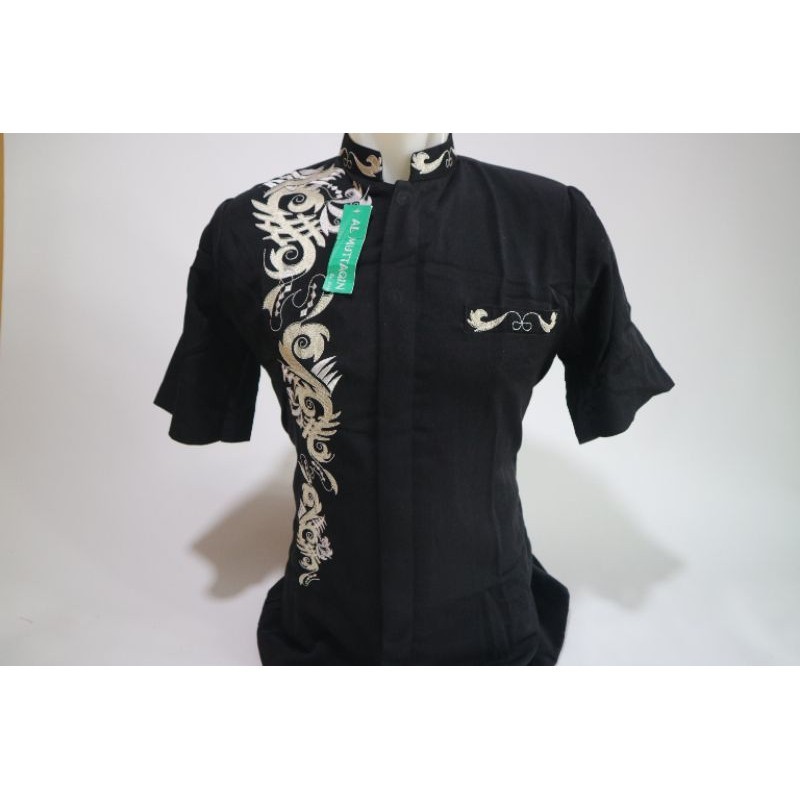 Busana Muslim Pria Baju Koko Koko Jasko Jas Koko Hitam Bordir Lengan Pendek Al Muttaqin SKH 073