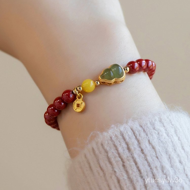 Baru Cina Cinnabar Gelang Wanita Hetian Giok Labu Emas Bertatahkan dengan Giok Gelang Gaya Kuno Fu L