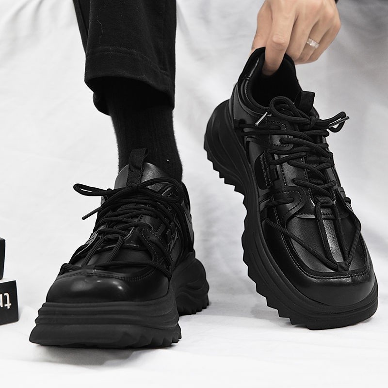 Fashion Merek Retro Platform Black Daddy Tide Shoes Pria/2023Sepatu Kulit Kasual Ujung Persegi