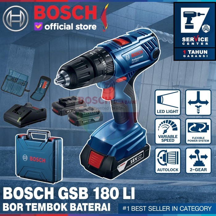 Bosch Bor Tembok Baterai Gsb 180-Li 18 V Dan Free Mata Bor Dan Obeng Terlariss 