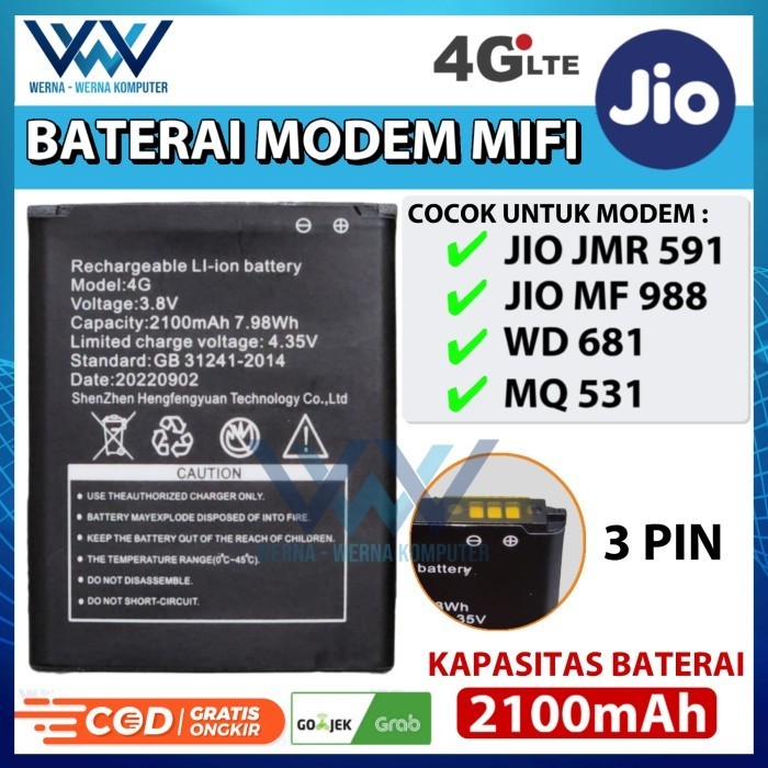 Baterai Modem Mifi Untuk Modem Telkomsel Wd , Jio , Mq - 531 2100Mah