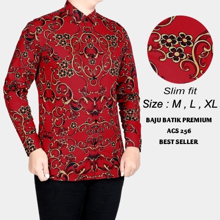 Kemeja Batik Pria Slim Fit Merah / Baju Batik Pria Merah Imlek Lb577