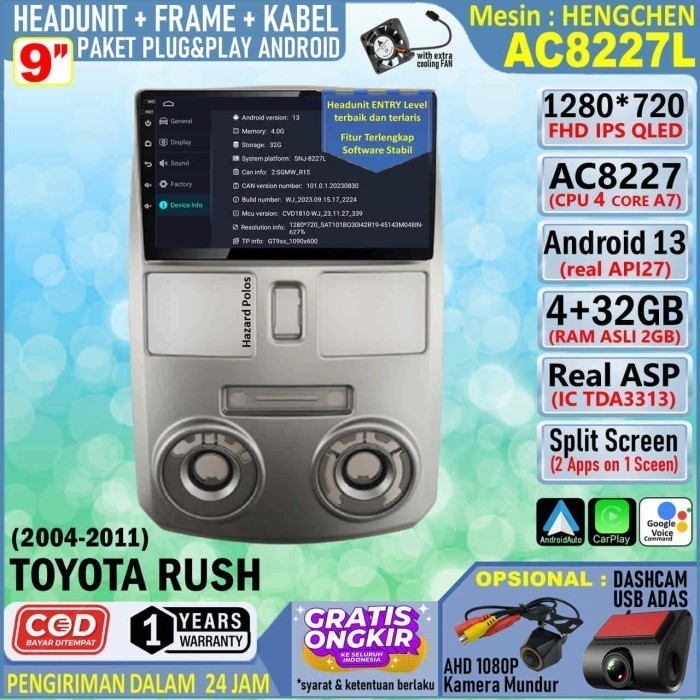 Paket Headunit Android 9 inch + Frame + Soket PNP Toyota Rush 2007 Hengchen AC8227 RAM 2GB-ROM 32GB-