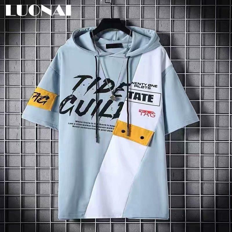 PriainsHoodie Longgar Lengan Pendek Musim Panas, Hip-Hop Fashion Berkerudung Lengan Pendek Gaya Kore