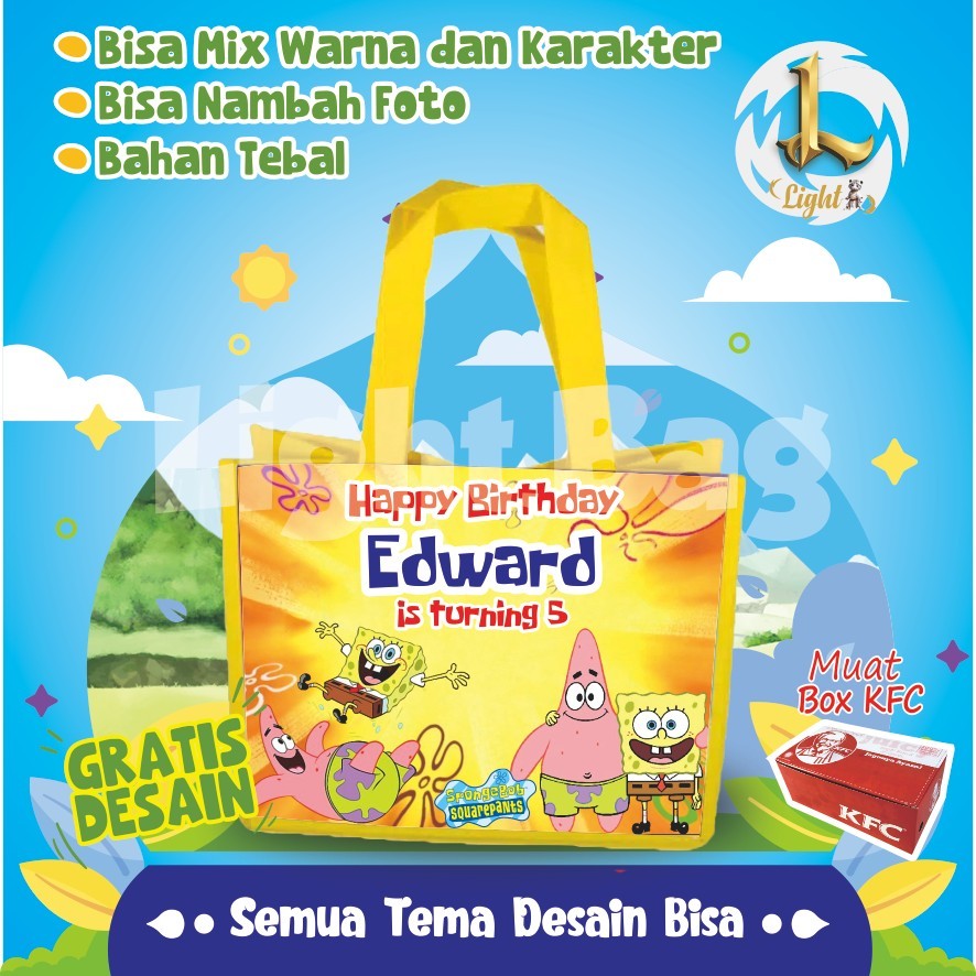 

TAS SOUVENIR ULTAH SPONGEBOB CUSTOM / TAS SOUVENIR PREMIUM / GRATIS DESAIN / BONUS FOTO ANAK / GOODIE BAG CUTE SPONGEBOB / TAS ULANG TAHUN SPONGEBOB / TAS ULTAH CUSTOM / TAS SOUVENIR 2 HARI JADI / TAS ULTAH / TAS ULANG TAHUN / BISA TAMBAH FOTO ANAK