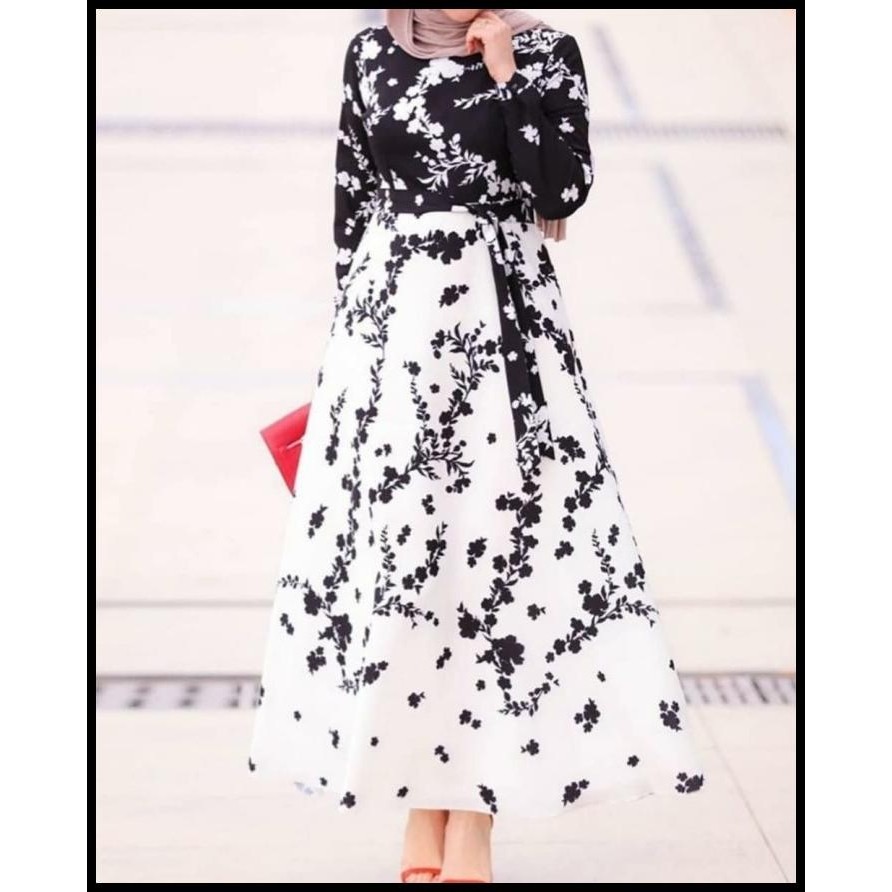 (PROMO) SAKURA GAMIS DRESS - MAXI DRESS HITAM PUTIH MOTIF BUNGA IMPORT Silahkan diorder