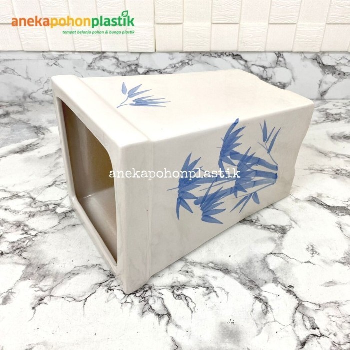 Vas Keramik Kotak Pot Putih Motif Daun Bambu Pajangan Hiasan Dekorasi