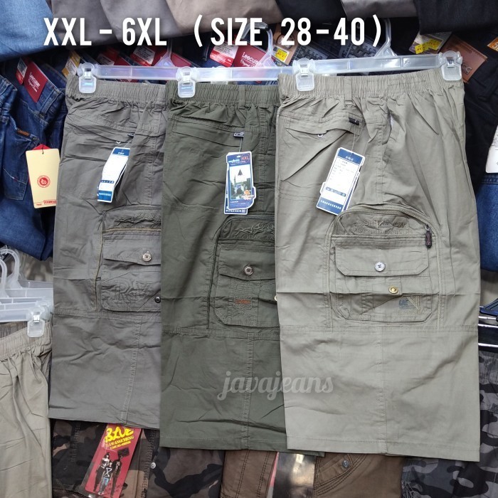 Celana Dek Pria 7/8 Katun Wash Cargo Xxl-6Xl Pinggang Karet