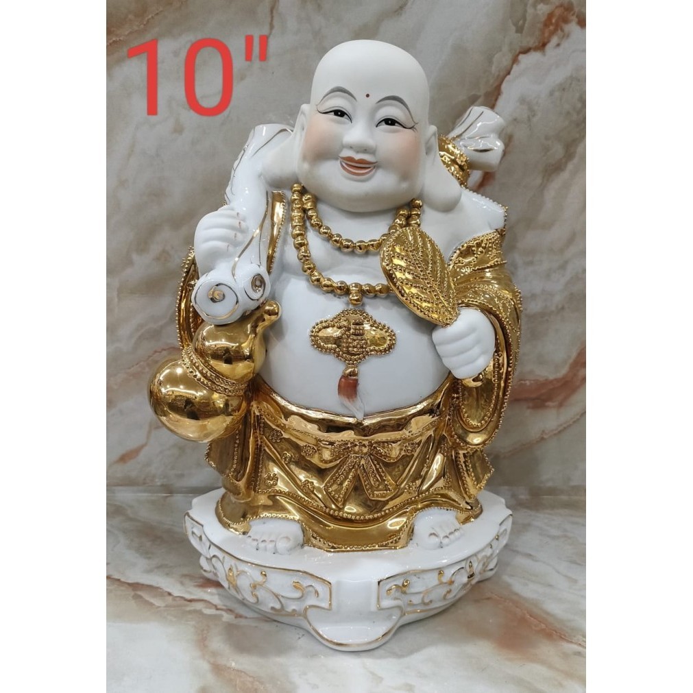 Fran Patung Buddha Maitreya / Milefo - Emas - Berdiri - 10 Inch - Keramik
