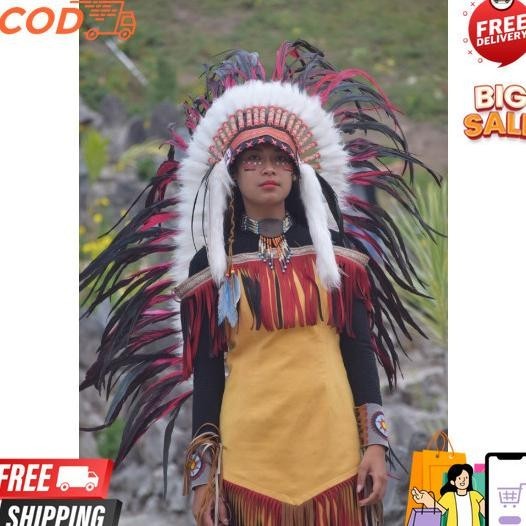 Topi Indian - Indian Headdress Medium Ayam Bilabong Merah Fur Putih Topi Suku Dayak Tradisional Budo