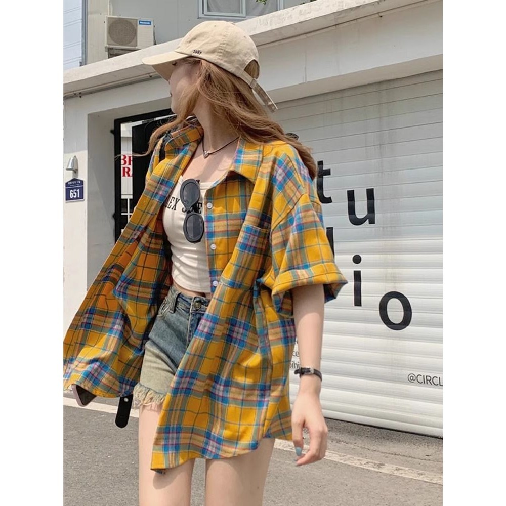 Kemeja Kotak-kotak Lengan Pendek, Baju Panjang-pertengahan Longgar Kotak-kotak Lengan Pendek Kuning 