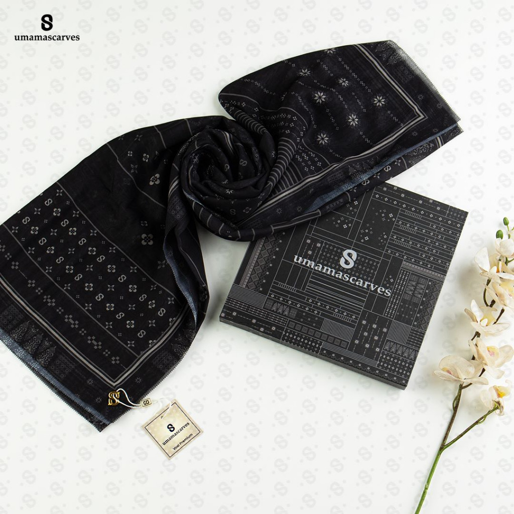 Promo Mega Sale 5.5 // UMAMA SCARVES KHUSUS HITAM RANDOM MOTIF 110x110cm