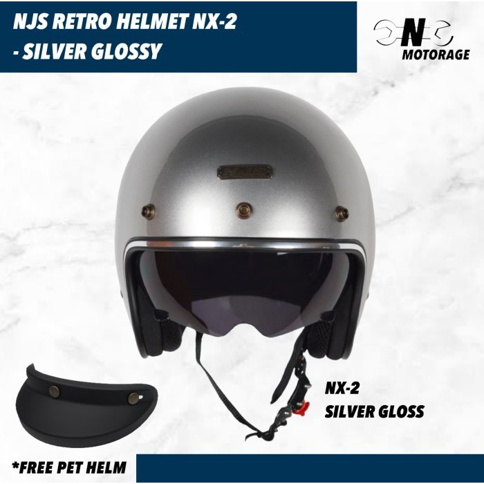 HELM MOTOR NJS NX-2 HALF FACE RETRO - SILVER GLOSSY / SILVER GLOSS