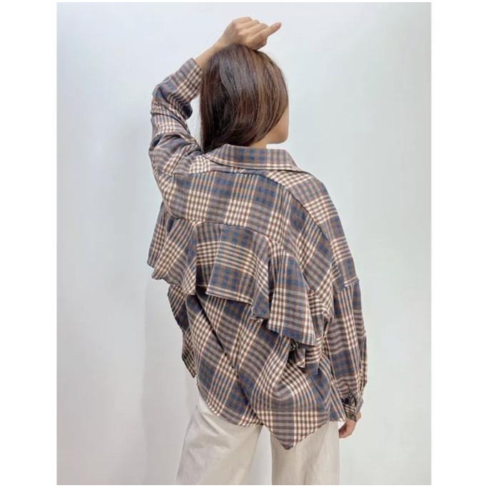 Kemeja Oversized Wanita Kotak Kotak Tartan Hem / Baju Flanel Big Size Pengiriman Cepat